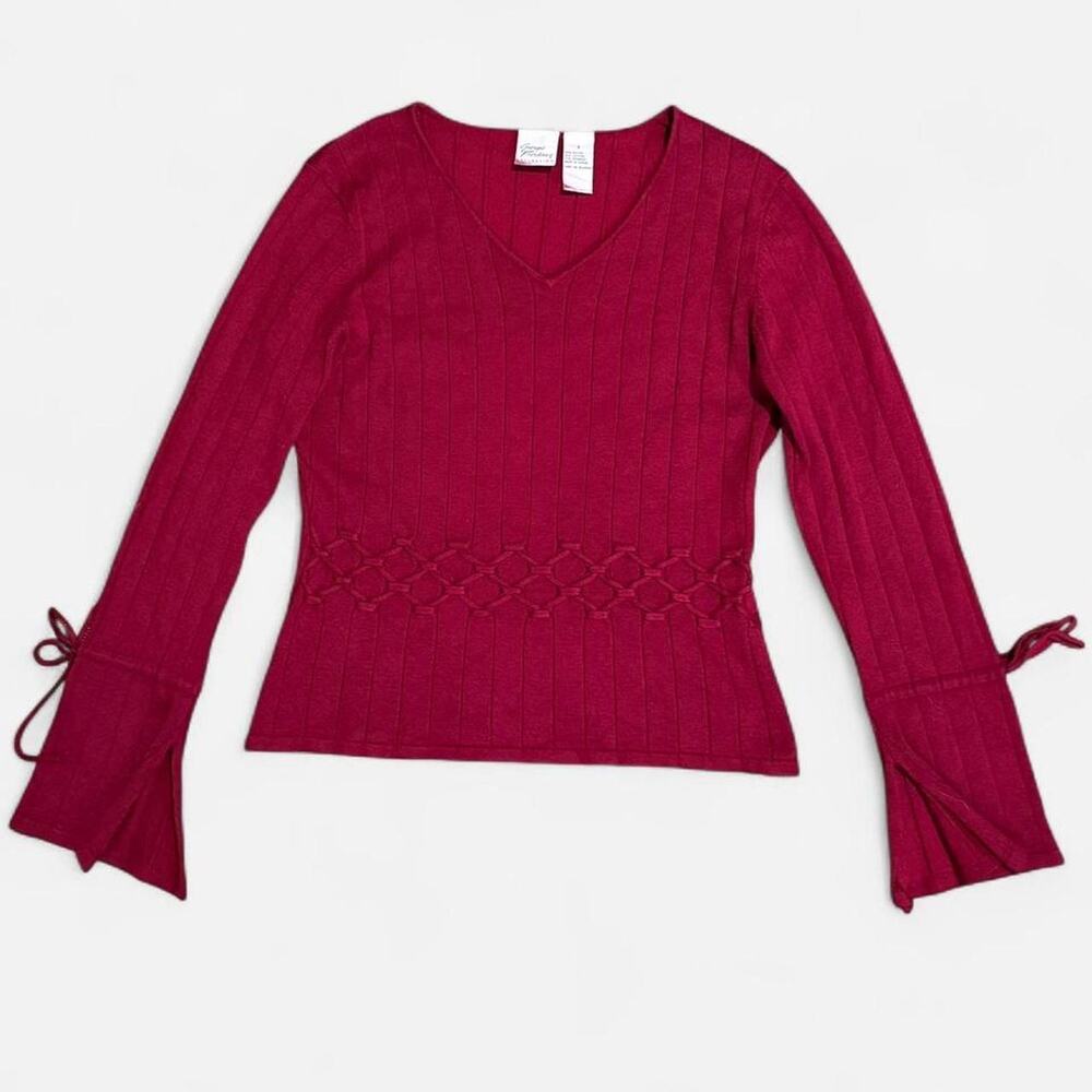 VTG Y2K Giorgio Fiorlini Dark Red Long Bell Sleeve Braided Ribbed Sweater Top S - Picture 6 of 8